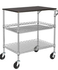 Heavy Duty 3 Tier Utility Cart With Wood Top, Steel Service Cart On Wheels, NSF Listed Food Service Trolley, 500 Lb Capacity