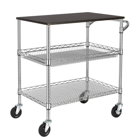 Heavy Duty 3 Tier Utility Cart With Wood Top, Steel Service Cart On Wheels, NSF Listed Food Service Trolley, 500 Lb Capacity