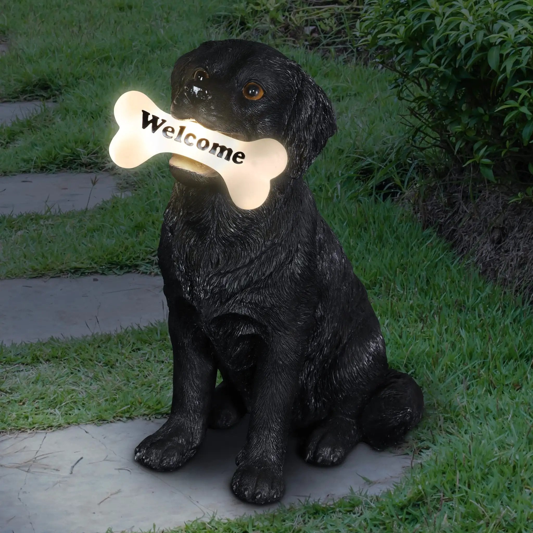 Solar Black Labrador Dog Garden Statue with LED Sign ✓