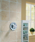 Shower Valve Trim Kit With Pressure Balance And Temperature Control Requires MultiChoice Universal Rough In R10000 UNBX Sold Separately Single Function installed on tiled wall.
