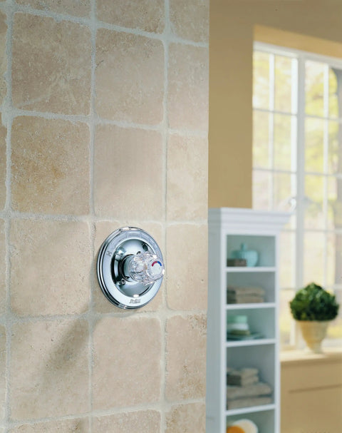Shower Valve Trim Kit With Pressure Balance And Temperature Control Requires MultiChoice Universal Rough In R10000 UNBX Sold Separately Single Function installed on tiled wall.
