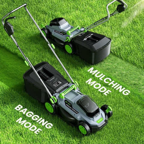 Cordless 13 Inch Lawn Mower With 40V Battery, Walk Behind Electric Lawn Tool For Small Yards, Gardens And Patios, 5 Height Adjustable Cutting Deck From 25mm To 75mm, Lightweight, Easy Start, No Gas in bagging mode