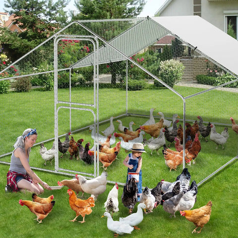 Huge Walk In Metal Chicken Coop With Heavy Duty Poultry Cage Waterproof UV Resistant Cover And Lockable Doors in backyard