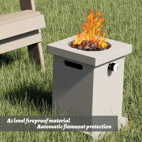 Portable Square 14 Inch Smokeless Fire Pit Table For Outdoor Patio And Backyard Heating 10000 BTU beside bench on grass.
