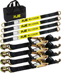Beefy Heavy Duty Car Trailer Tie Down Straps 4 Pack Kit With 2 Inch By 8 Foot Ratchet Straps And J Hooks With Clip, Plus 2 Inch By 36 Inch Axle Straps, 10,000 Lbs Break Strength For Car Truck UTV Transport shown with black storage bag
