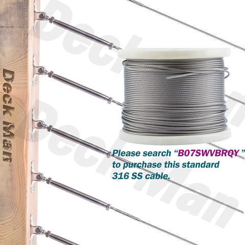 Adjustable Angle Marine Grade T316 Stainless Steel Cable Railing Kit for Wood Posts with spool of 1/8 inch cable.