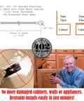 Diagram and installation of American Made Stainless Steel Cabinet Door Restraint Kit with flexible braided cable in wood kitchen.