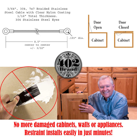 Built Tough American Made Stainless Steel Cabinet Door Restraint Kit diagram and installation example in kitchen