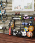 Small Garage Organizer For Sports Gear And Toys Space Saving Ball And Equipment Storage Rack, black finish, holding various sports items