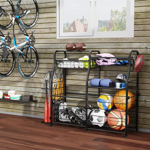 Small Garage Organizer For Sports Gear And Toys Space Saving Ball And Equipment Storage Rack, black finish, holding various sports items
