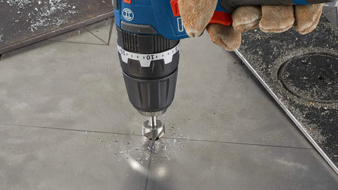 Boss Level 3/4 Inch High Speed Steel Countersink Drill Bit With Self Starting Tip drill bit in use, creating smooth metal finish on jobsite.