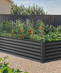 Galvanized Raised Garden Bed Kit 72 By 36 By 24 Inches Large Metal Planter Box With Gloves And Support Rod For Outdoor Flower Beds Vegetables And Herbs Two Foot High Black Easy Assembly Durable Powder Coated Finish For Weather Resistance installed in backyard full of plants