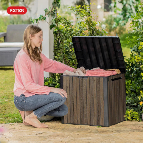 Backyard Must-Have Everwood 30 Gallon Resin Outdoor Storage Box And Patio Side Table Walnut Finish with open lid