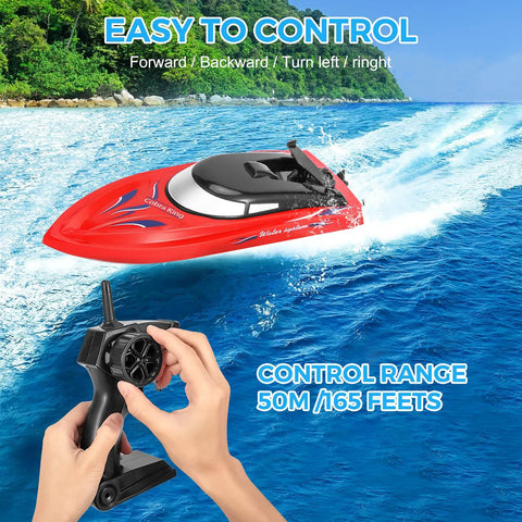 Triple Pack Remote Control RC Boat Set for Kids and Grownups, 2.4GHz Wireless Control, Fully Waterproof Hull, Red boat on water
