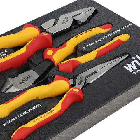 Insulated Pliers And Cutters Tray Set, 3 Piece With Long Nose 8 In, Angled Cutters 8 In, Lineman Pliers 9.5 In, Dual Durometer Handles