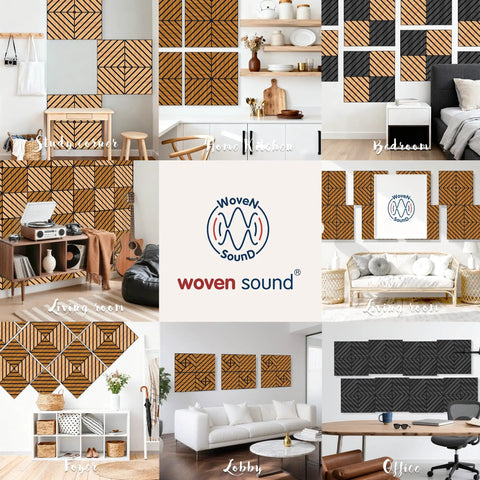 Teak Acoustic Wall Panels 16 Pack 12x12 Inch Sound Dampening Home Office Setup Ditch The Echo Crush Street Noise Nrc 0.95 displayed in various rooms.