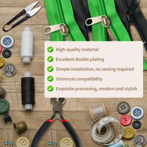 Zipper Repair Kit With Replacement Sliders In Sizes 3 5 And 8 Plus Install Plier for jackets, buttons, threads, and sewing tools