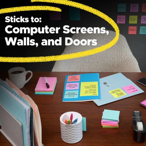 Two Times The Stickiness Eight 6 By 4 Inch Sticky Note Pads With 45 Sheets Each on desk with coffee cup, folders, and pen holder