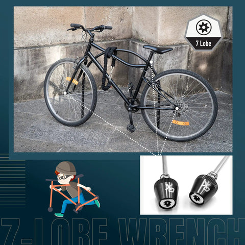 Anti Theft Bicycle Locking Skewer Set With 7 Lobe Security Key for Mountain and Road Bikes on parked black bike