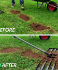 Heavy Duty Lawn Leveling Rake With Steel Handle Pro Grade Yard Leveler for dirt sand clods with before and after use