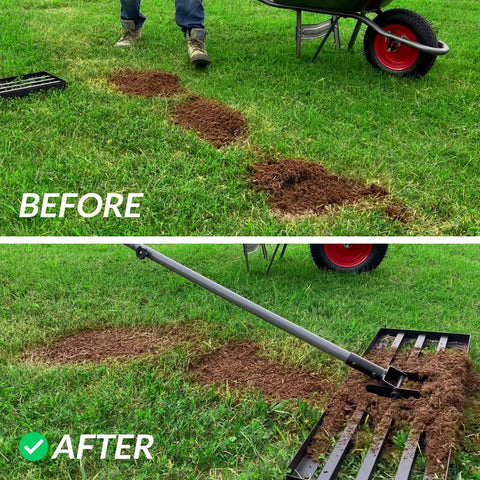 Heavy Duty Lawn Leveling Rake With Steel Handle Pro Grade Yard Leveler for dirt sand clods with before and after use