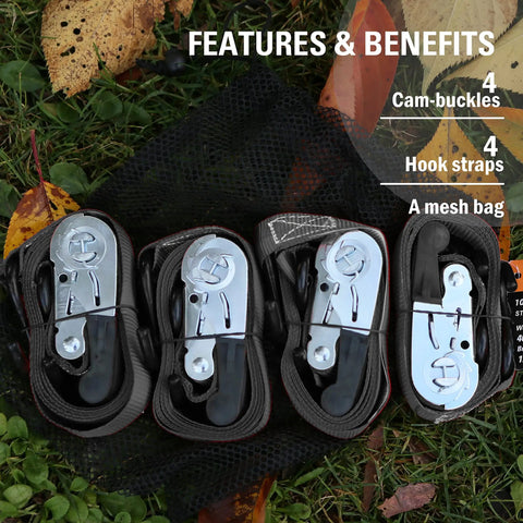 Ratchet Tie Down Straps With Hook Heavy Duty 3000 Pound Break Strength 10 Foot Length Pack Of Four Black with cam-buckles.