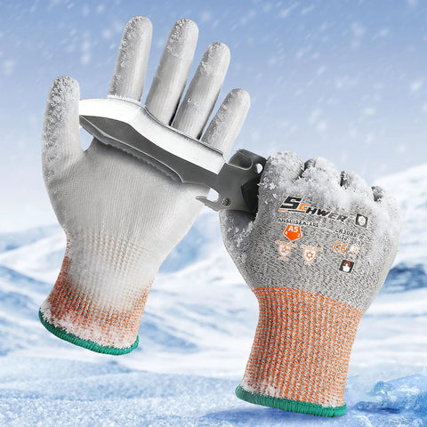 12 Pairs Winter Work Gloves With PU Coating, ANSI Cut Level 5 Protection, Thermal Insulated, Unisex XL, snowy background