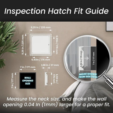 Inspection hatch fit guide for Built Tough 7x7 Galvanized Steel Drywall Access Panel With Fully Removable Door.