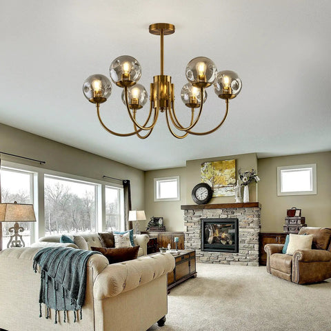 Gold 6-Light Sputnik Chandelier With Glass Shade in modern farmhouse living room setting