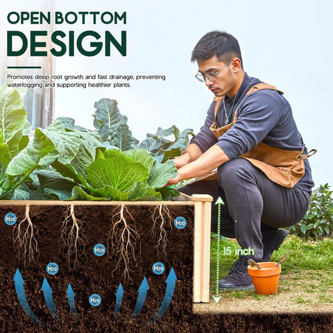 Wood Raised Garden Bed 8x4 Ft With 15 Inch Depth Planter Box For Veggies, Herbs, And Blooms, Open Base Construction