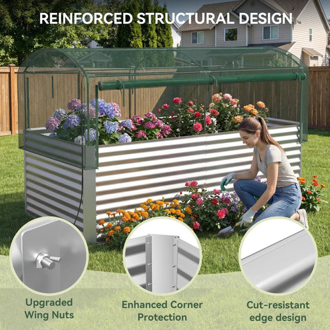 8x4x3 ft Tall Galvanized Raised Garden Bed With Self Watering System and Mesh Cover filled with flowers in backyard
