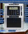 Talking ATM Piggy Bank For Kids With Dual Debit Cards displayed on tabletop, featuring LCD screen and keypad.