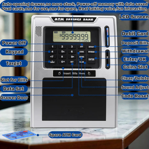 Talking ATM Piggy Bank For Kids With Dual Debit Cards displayed on tabletop, featuring LCD screen and keypad.