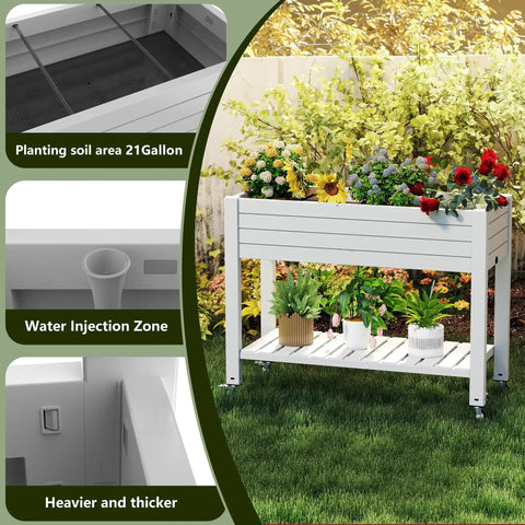 Elevated Garden Bed On Four Legs With Four Lockable Wheels And Storage Shelf For Balcony Patio Backyard Divisible Resin Planter Box 33.6 Inch Tall Back Friendly No Bending Needed Ergonomic Design
