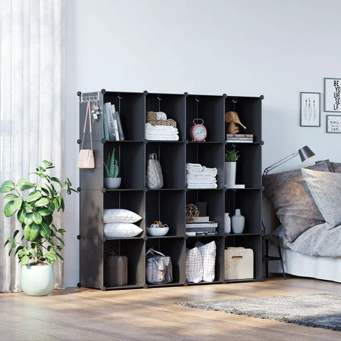 Sturdy 16 Cube Space Saving Storage Organizer With DIY Modular Design For Home And Bedroom Open Display Unit Black Plastic Cube Shelves Closet Organizer 48.4 In Long By 12.4 In Wide By 48.4 In High featuring decor and storage.