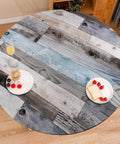 Round Fitted Tablecloth With Elastic Edge For Indoor And Outdoor Use Waterproof Wipeable Table Cover For 36 To 44 Inch Round Tables Farmhouse Style No Fuss Cleanup Dinner Picnic Patio Decor with wooden print design on table