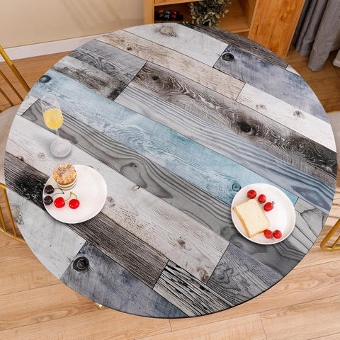 Round Fitted Tablecloth With Elastic Edge For Indoor And Outdoor Use Waterproof Wipeable Table Cover For 36 To 44 Inch Round Tables Farmhouse Style No Fuss Cleanup Dinner Picnic Patio Decor with wooden print design on table