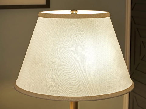 Close-up of linen shade on Spyglass Table Lamp With Antique Brass Finish Dope Retro Modern Classic Vibe Linen Shade 30.5 Inch Tall 17 Inch Wide