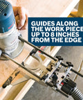 Deluxe Beefed Up Pro Grade Router Edge Guide With Dust Extraction Hood And Vacuum Hose Adapter in use on wood edge