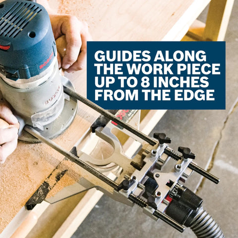 Deluxe Beefed Up Pro Grade Router Edge Guide With Dust Extraction Hood And Vacuum Hose Adapter in use on wood edge