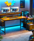 56.5 Inch Rustic Brown Office Desk With Drawers Printer Space And Filing Cabinet Shelves And Two Monitor Stand Perfect For Home Office Study And Gaming Setups featuring dual monitors and storage space
