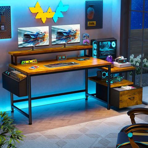 56.5 Inch Rustic Brown Office Desk With Drawers Printer Space And Filing Cabinet Shelves And Two Monitor Stand Perfect For Home Office Study And Gaming Setups featuring dual monitors and storage space