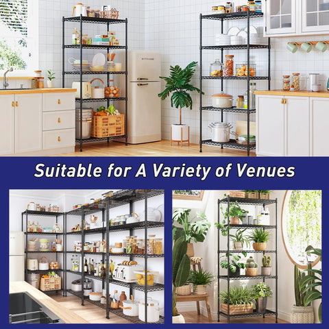 Five Tier Adjustable Narrow Storage Shelves For Kitchen, Heavy Duty Metal Rack With 1010 Lbs Load Capacity, Anti-Wobble Stability, Durable Pantry Organizer For Cabinets And Countertop Organization, Space Saver in a kitchen