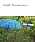 Two Expandable Chain Link Fence Hangers For Holding Poles, Brushes, Leaf Rakes And Light Gear Up To 4 Lb attached to fence