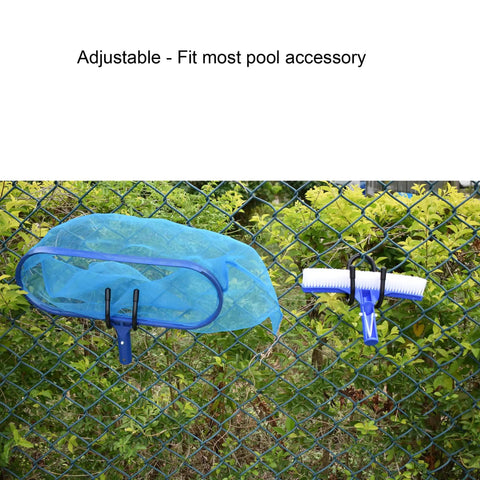 Two Expandable Chain Link Fence Hangers For Holding Poles, Brushes, Leaf Rakes And Light Gear Up To 4 Lb attached to fence