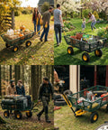 Heavy Duty Steel Garden Cart With 880 Lbs Capacity transporting pumpkins, soil, and tools across a lawn and forest area.