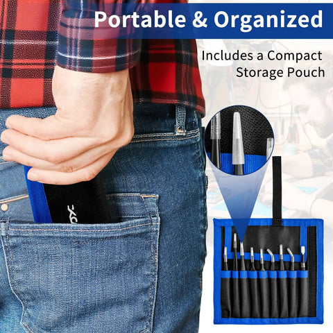 9 Piece ESD Precision Tweezers Set in compact pouch being placed in back pocket