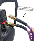 Installed Rock Solid 1/4 Inch By 50 Foot Reinforced PU Air Hose With Swivel Quick Coupler and Male Plug on compressor