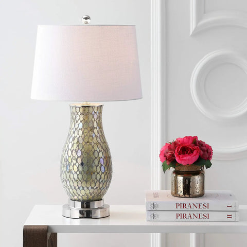 Dope Green Mosaic LED Table Lamp With Iron Base And White Linen Drum Shade Coastal Traditional Style Nickel Accents UL Listed LED Bulb Included 28 Inch Tall on a white table with books and flowers