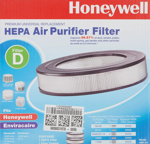 Product packaging for HRF-D1 Universal HEPA Filter Replacement For 10500, 10590, And 17000 Series.